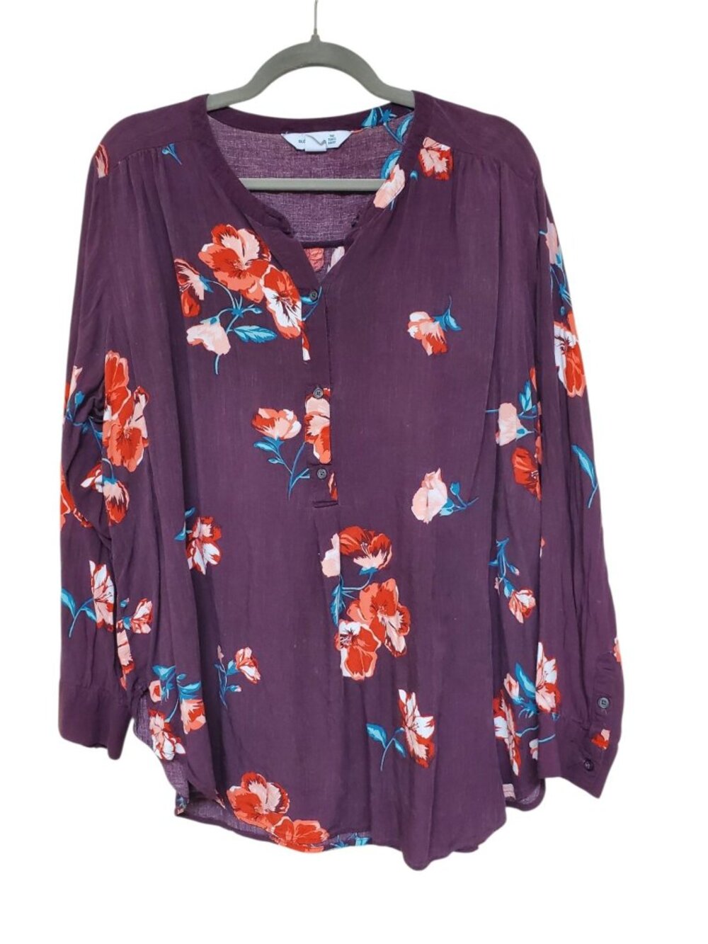 Old Navy The Tunic Shirt Woman's Maroon Floral 1/2 Button Popover Top Plus XXL
